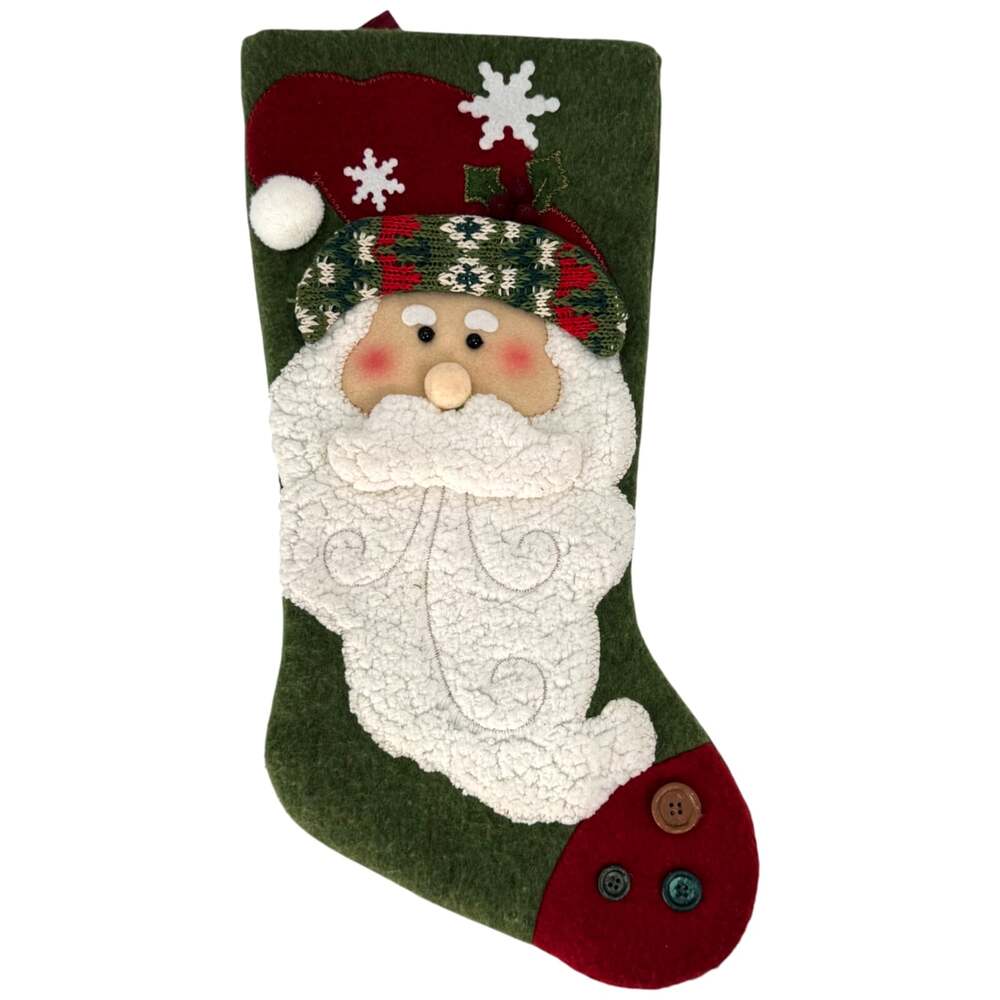 Christmas Stocking Hanging 3D Santa Beard Buttons Green 18"x10"